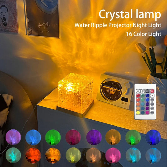 POCKETPRO Projector Night Light Dynamic Rotating Water Ripple Cube Colorful Night Light Flame Crystal Lamp LED Table Lamp