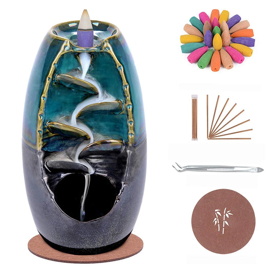 Incense Holder Set Ceramic Backflow Waterfall Incense Burner Aromatherapy With Incense Cones